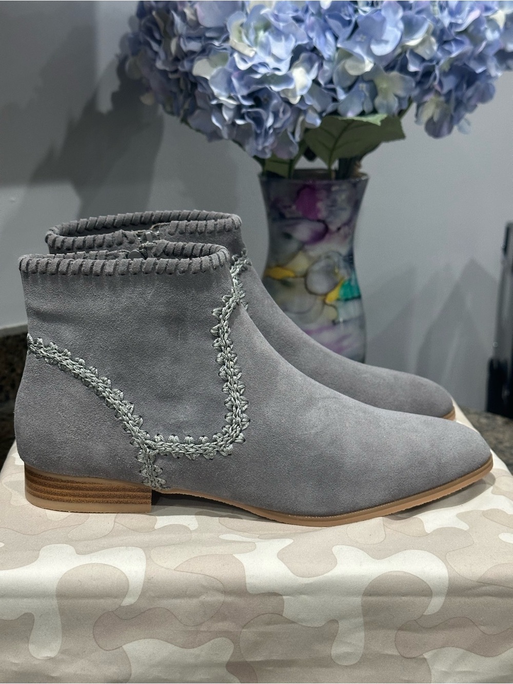 Jack Rogers Light Gray Suede Ankle Booties with Braided Trim
